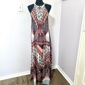 Bar III Red Orange/ brown bohemian Halter Sheath Maxi Dress large